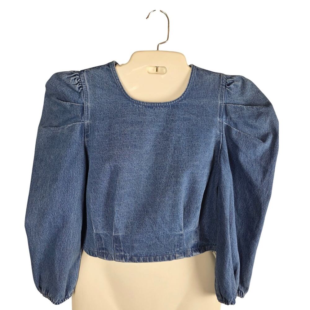 Blashe 100% Cotton Denim Puff Sleeve Scoop Neck Crop Top Size Medium EUC